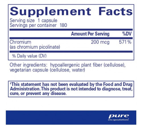 Хром (піколінат) Pure Encapsulations Chromium (picolinate) 200 мкг 180 капс
