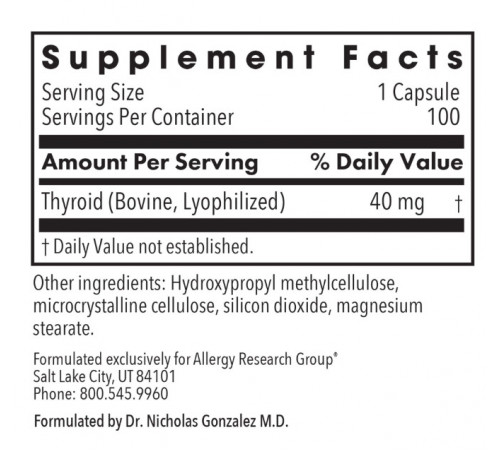 Залізо для підтримки щитовидної залози Allergy Research Group Thyroid Natural Glandular 100 капс