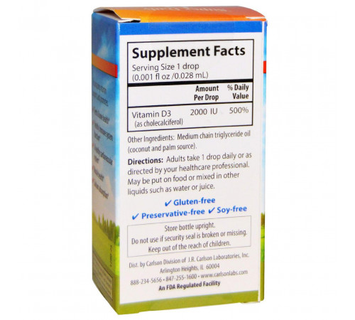 Вітамін Д3 рідкий Vitamin D3 Carlson 2000 МО 10,3 мл
