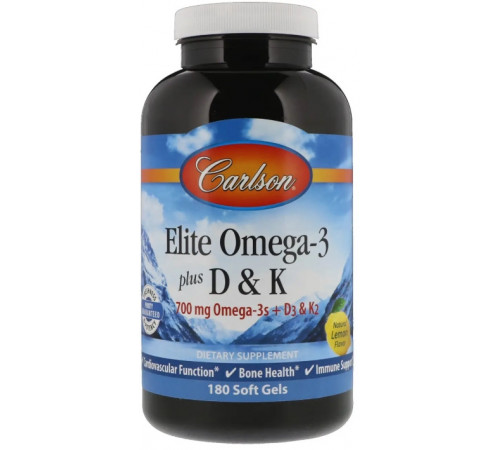 Омега 3 Д3 і вітамін К Carlson Omega-3 Plus D & K 180 гел капс