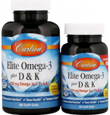 Омега 3 + вітамін Д3 і вітамін К  Carlson Omega-3 Plus D & K 60+30 капс