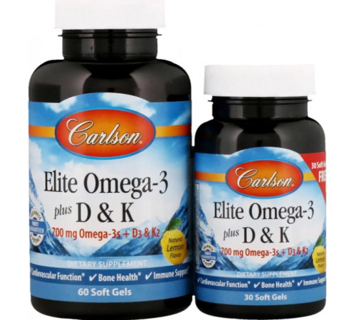 Омега 3 + витамин Д3 и витамин К Carlson Omega-3 Plus D & K 60+30 капс