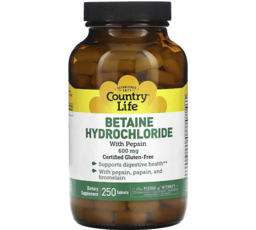 Бетаина гидрохлорид Country Life Betaine Hydrochloride 600 мг 250 таб