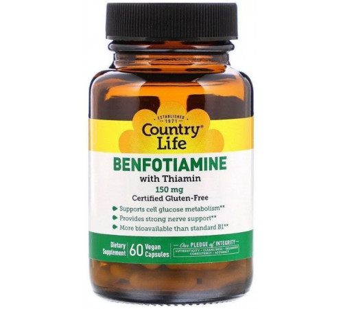Бенфотіамін з тіаміном Country Life Benfotiamine 150 мг 60 вег капсул