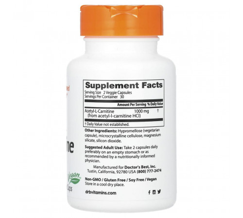 Ацетил карнітин Doctor's Best  Acetyl-L-Carnitine 1000 мг 60 вег капс
