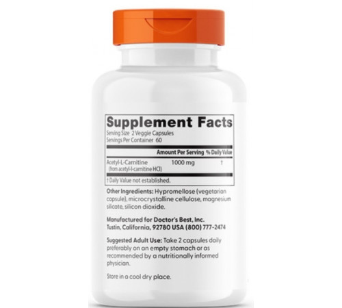 Ацетил карнітин Doctor's Best Acetyl-L-Carnitin 1000 мг 120 капс (500 мг в 1 капсулі)