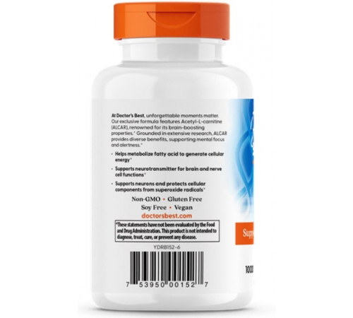 Ацетил карнітин Doctor's Best Acetyl-L-Carnitin 1000 мг 120 капс (500 мг в 1 капсулі)