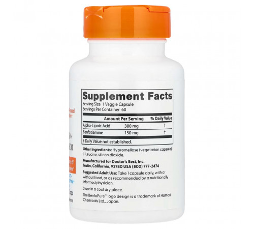 Альфа-ліпоєва кислота + Бенфотіамін Doctor's Best  Alpha-Lipoic Acid + Benfotiamine 300/150 мг 60 капс