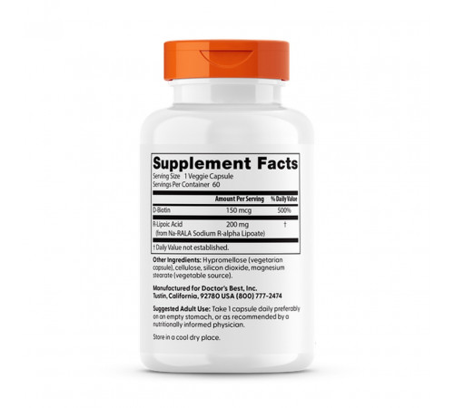 R ліпоєва кислота Doctor's Best Best Stabilized R-Lipoic Acid with BioEnhanced Na-RALA 60 вег капс