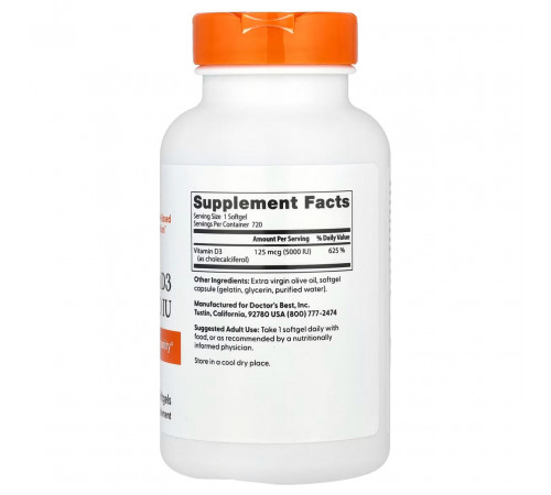 Вітамін D3 (холекальциферол) Doctor's Best Vitamin D3125 мкг (5000 МЕ) 720 капс