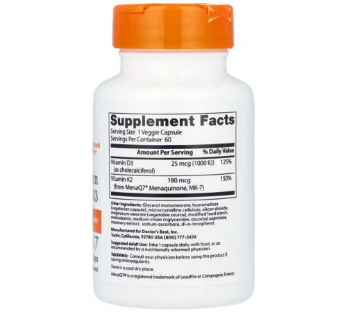 Вітамін Д3 K2 MK-7 Doctors Best Natural Vitamin K2 MK-7 Plus D3 180 мкг 60 капс