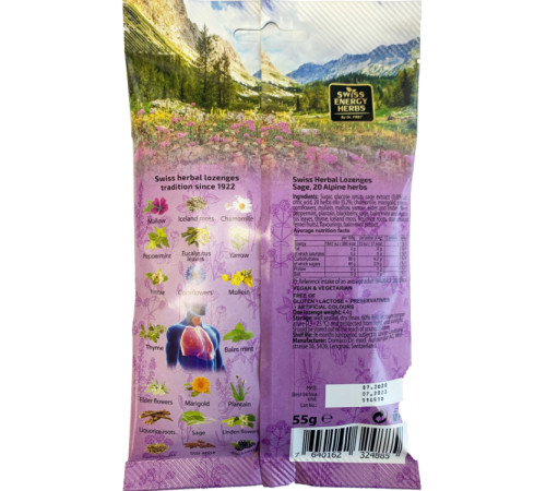 Льодяники від застуди Swiss Energy Herbal Lozenges Bag 20 herbs + Sage 12 шт шавлія