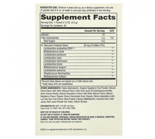 Пробіотики для дітей Dr. Mercola Complete Probiotics 10 млрд КОЕ 30 пакетов по 3.5 г малина