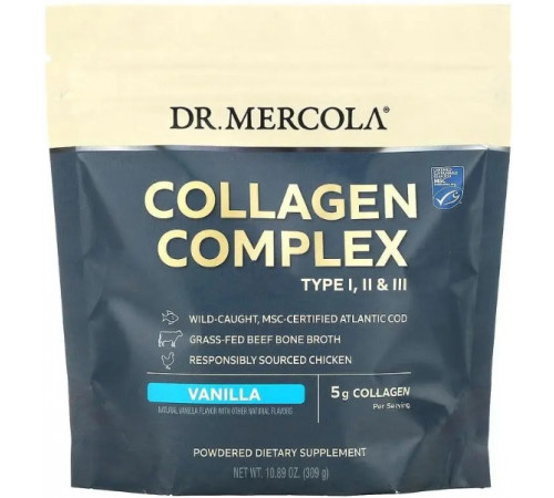 Колагеновий комплекс типів l, ll та lll Dr. Mercola Collagen Complex 5 г 309 грам ваниль