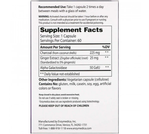 Активоване вугілля з кокоса Enzymedica Activated Coconut Charcoal+ 60 капс