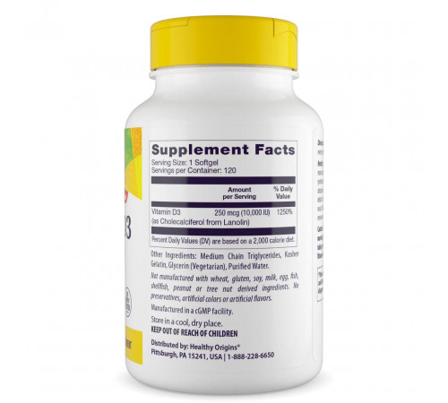 Вітамін D3 з олією МСТ для імунітету Healthy Origins Vitamin D3 10000 МО 120 гел капс