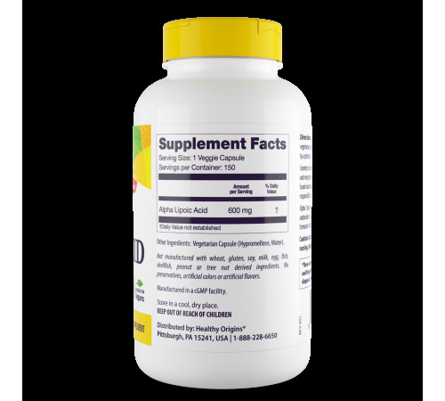 Альфа-ліпоєва кислота для підшлункової залози Healthy Origins Alpha Lipoic Acid 600 мг 150 капс