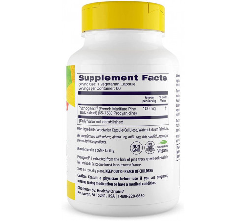 Экстракт сосновой коры Пикногенол Healthy Origins Pycnogenol 100 мг 60 капсул