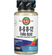 Вітамін B12 + B6 фолієва кислота KAL Vitamin B-6 B-12 Folic Acid 60 таб ягоди