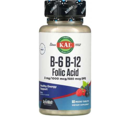 Вітамін B12 + B6 фолієва кислота KAL Vitamin B-6 B-12 Folic Acid 60 таб ягоди