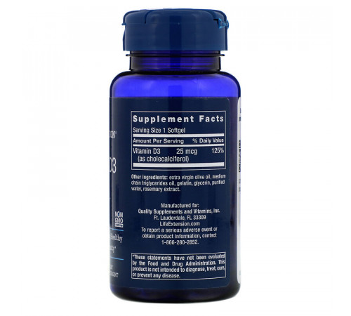 Вітамін Д-3 (холекальциферол) Life Extension Vitamin D3 1000 МЕ 250 кап