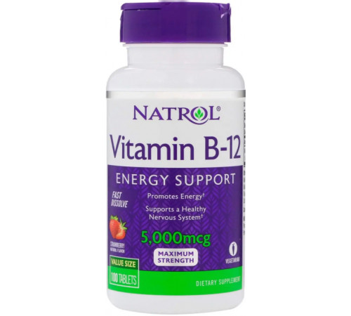 Вітамін В12 для здоров'я нервової системи Natrol Vitamin B-12 5000 мкг 100 таб смак полуниці