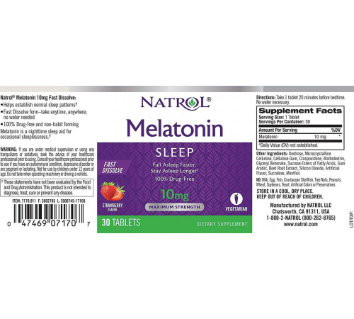 Мелатонін для покращення сну Natrol Melatonin 10 мг 30 таб полуниця