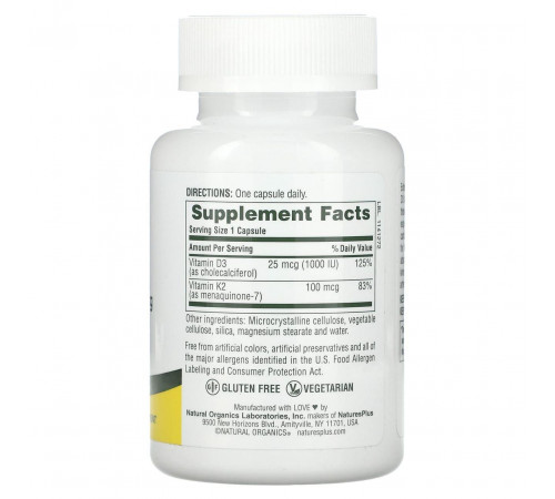Вітамін Д3 і К2 Nature's Plus Vit D3/Vit K2 1000 МЕ/100 мкг 90 капс