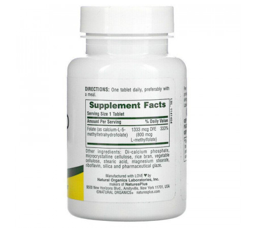 Фолієва кислота (метилфолат) Nature's Plus Folic Acid 800 мкг 90 таб