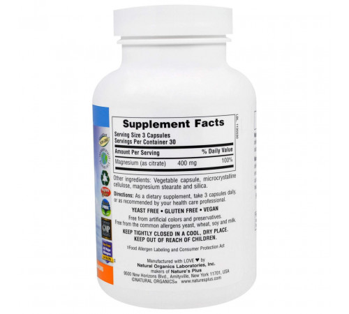 Цитрат магнію Nature's Plus Magnesium 400 мг 90 вег капс