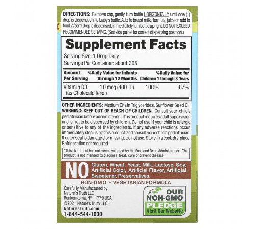 Вітамін D3 для дітей Nature's Truth D3 Baby Drops 400 МЕ 9,2 мг