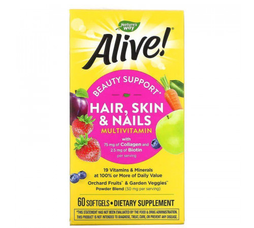 Вітаміни для волосся шкіри і нігтів  Nature's Way Alive! Hair, Skin & Nails Multi-Vitamin 60 капсул