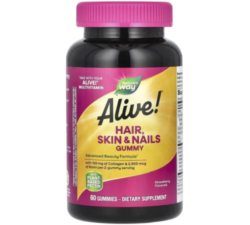 Мультивітаміни для волосся шкіри та нігтів Nature's Way, Alive! Hair, Skin & Nails 60 жев таб полуниця
