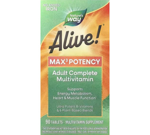 Мультивітаміни 3 на день без заліза Natures Way Alive! Max3 Potency 90 таб