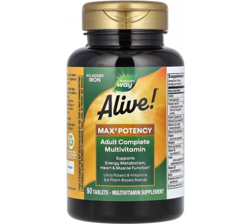 Мультивітаміни 3 на день без заліза Natures Way Alive! Max3 Potency 90 таб