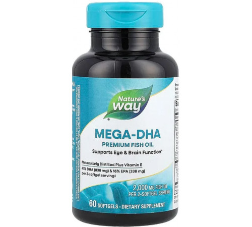 Рыбий жир + витамин Е концентрат Natures Way Mega-DHA 60 кап