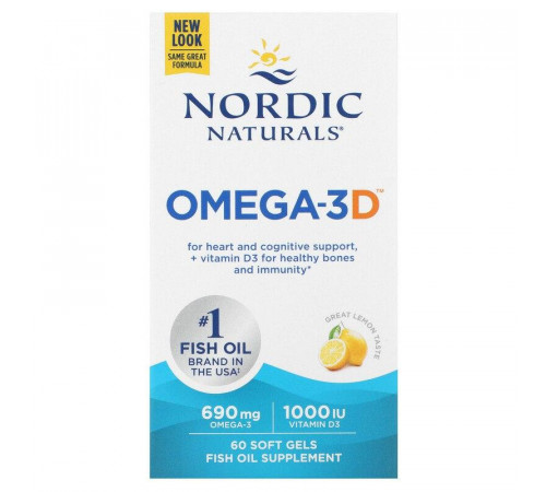 Омега + Д3 Nordic Naturals Omega-3D 1000 мг 60 капсул Лимон