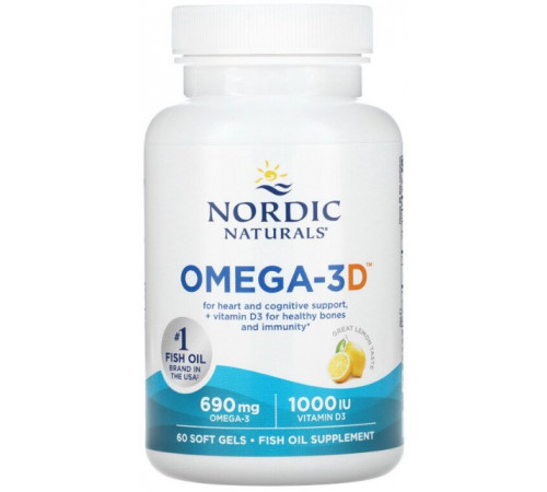 Омега + Д3 Nordic Naturals Omega-3D 1000 мг 60 капсул Лимон