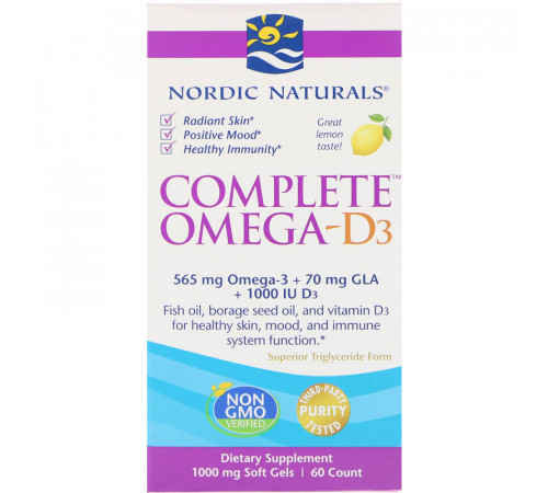 Омега 3 6 9 + Д3  Nordic Naturals Complete Omega-D3 1000 мг 60 капсул Лимон