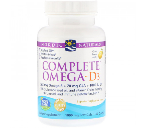 Омега 3 6 9 + Д3  Nordic Naturals Complete Omega-D3 1000 мг 60 капсул Лимон