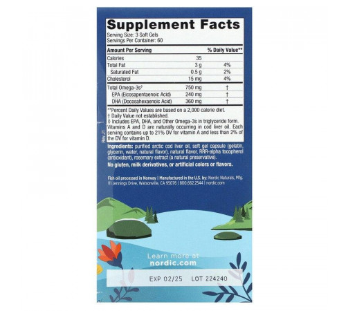 Риб'ячий жир з печінки тріски Nordic Naturals Cod Liver Oil 1000 мг 180 капсул Лимон