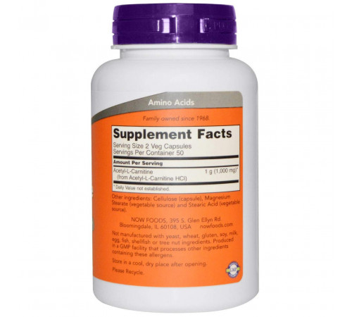 Ацетил карнітин Now Foods Acetyl-L-Carnitine 500 мг 100 капсул