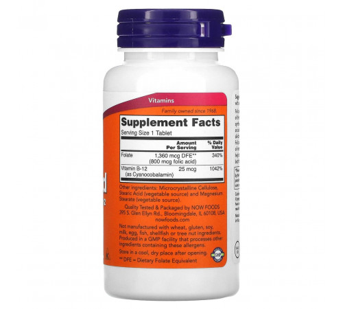 Фолієва кислота + вітамін В-12 NOW Folic Acid Vitamin B-12 250 таб