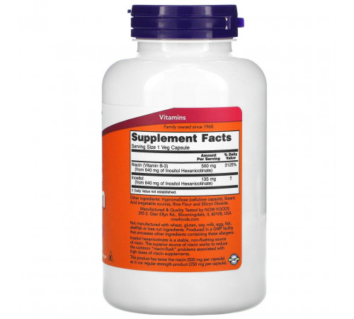 Ніацин (Вітамін В3) Now Foods Flush-Free Niacin 500 мг 180 вег капсул