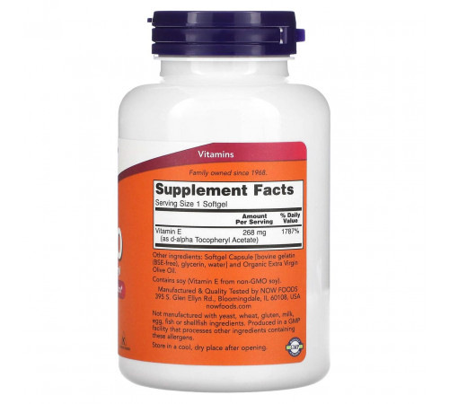 Витамин Е Now Foods E-400 268 мг (400 МЕ) 250 гел капс