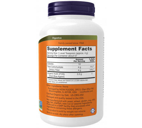 Інулін органічний Клітковина Now Foods Inulin 227 г