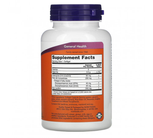 Коензим Q10 з риб'ячим жиром Омега-3 Now Foods CoQ10 with Omega-3 Fish Oil 60 мг 60 капс