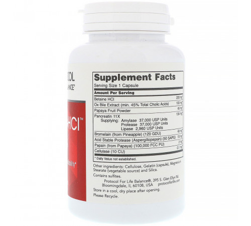 Ферменты бетаин гидрохлорида Protocol for Life Balance Enzymes-HCI 120 капс