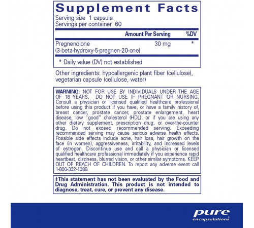 Прегненолон Pure Encapsulations Pregnenolone 30 мг 60 капс