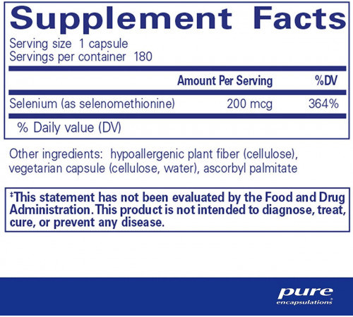 Селен (селенометіонін) Pure Encapsulations Selenium (selenomethionine) 200 мкг 180 капс